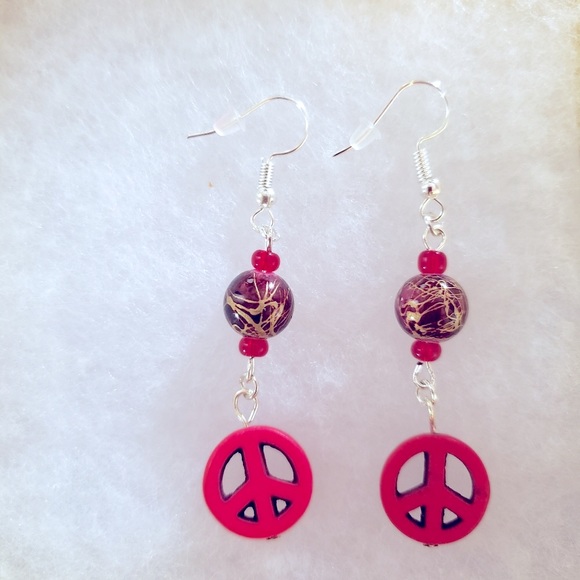 1 3/4” Artisan Crafted Red Peace Sign Earrings on Sterling Silver EarWires - Picture 1 of 3